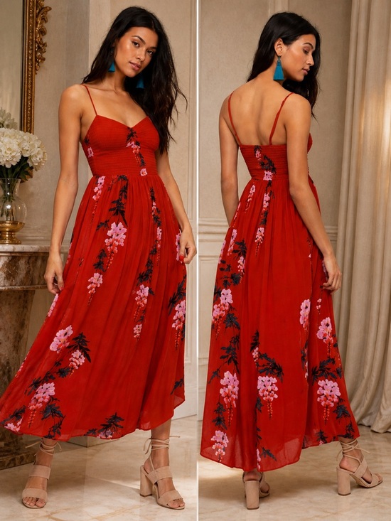 Free People Dresses & Skirts - Free People Beau Red Floral Smocked Maxi Dress Small Boho Cottagecore